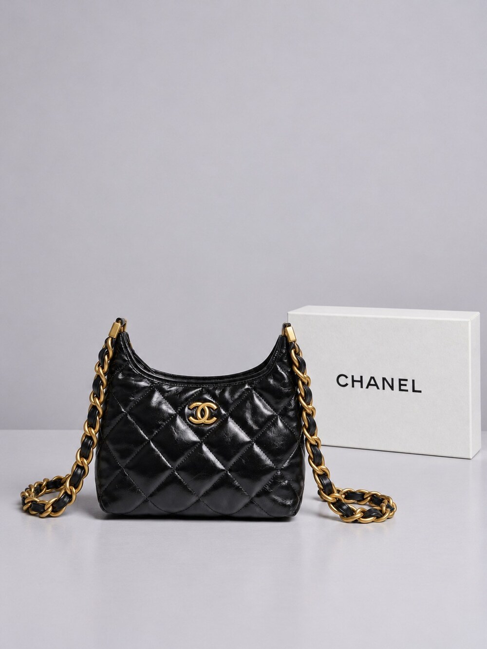 Chanel Shiny Black Calfskin Quilted Hobo with Gold Tone Hardware - Picture 1 of 14